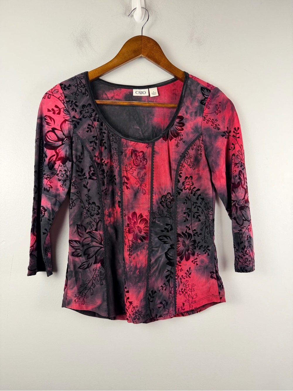 Y2k Whimsygoth red/pink black panel velour floral top size small